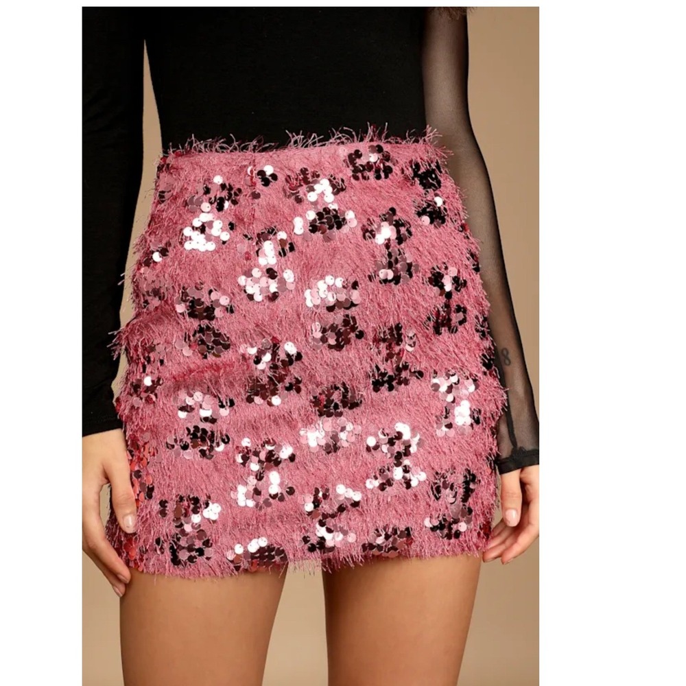 Lulus Made From Magic Rose Pink Fringe Sequin Mini Skirt XL Rose Pink Glam